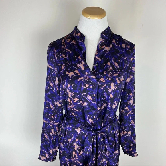 The Westside California Apparel Silk Long Sleeve Tie Waist Printed Dress Purple - Picture 2 of 5